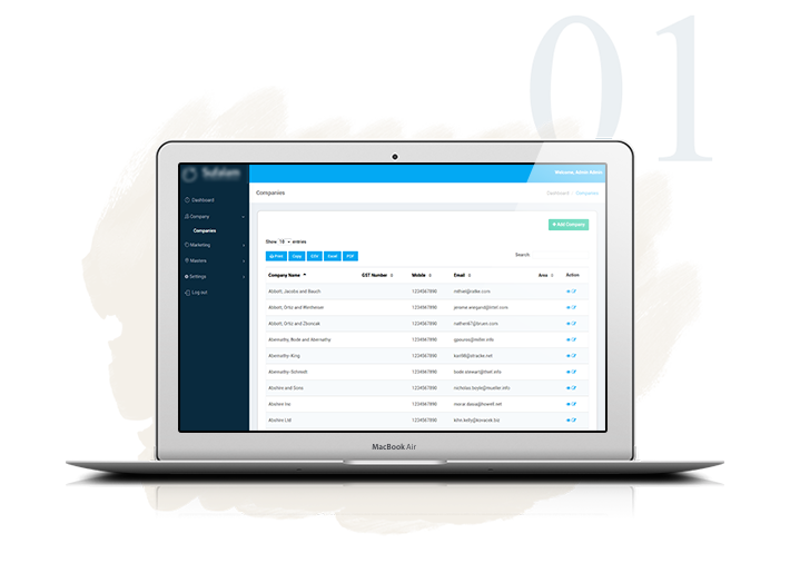 Admin panel company listing