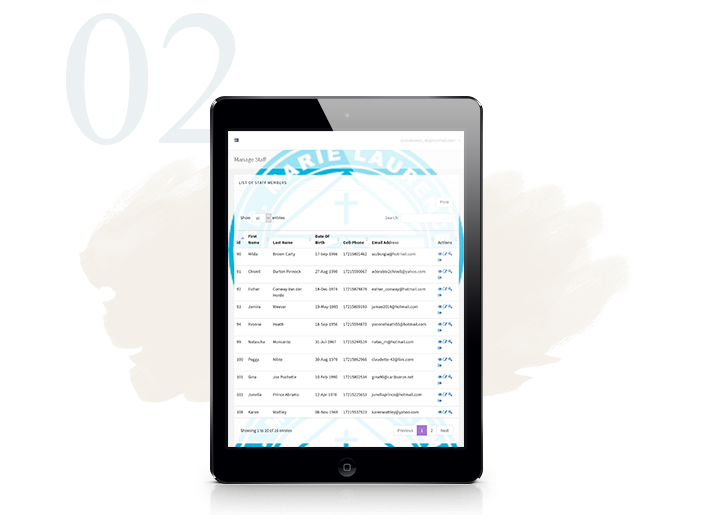 Staff member listing screen